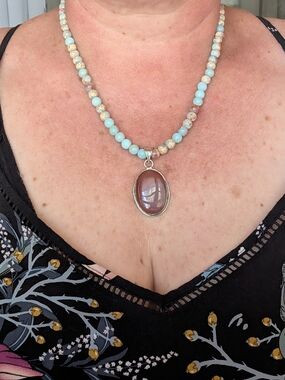 Beaded Amazonite Necklace with Brown Agate Pendant